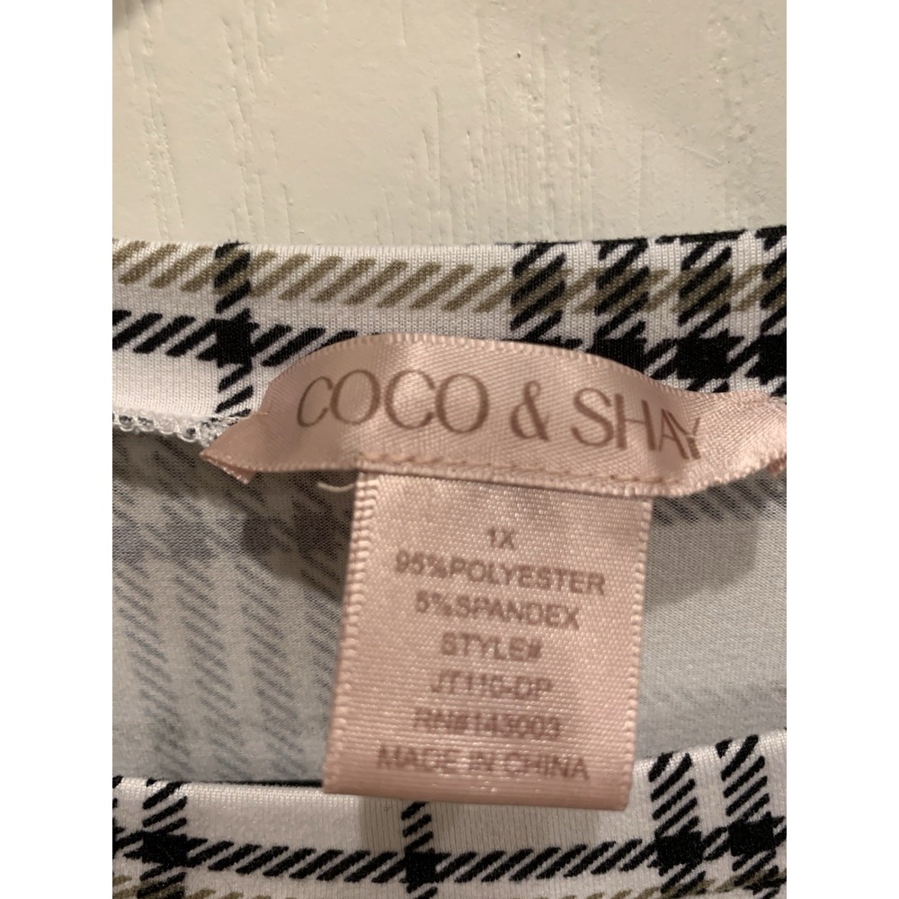 Coco & Shay Striped Short Sleeve Top Checkered Brown & Cream Gold Buttons Sz 1X - Picture 2 of 3
